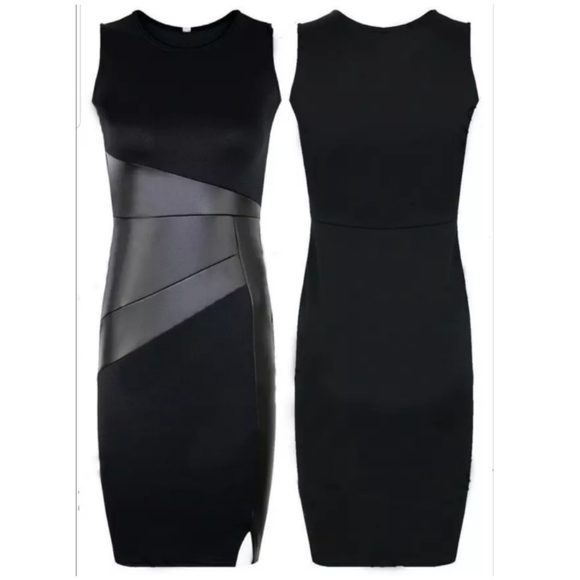 NEW BLACK LBD FAUX LEATHER CONTRAST SHEAT DRESS - Picture 3 of 6